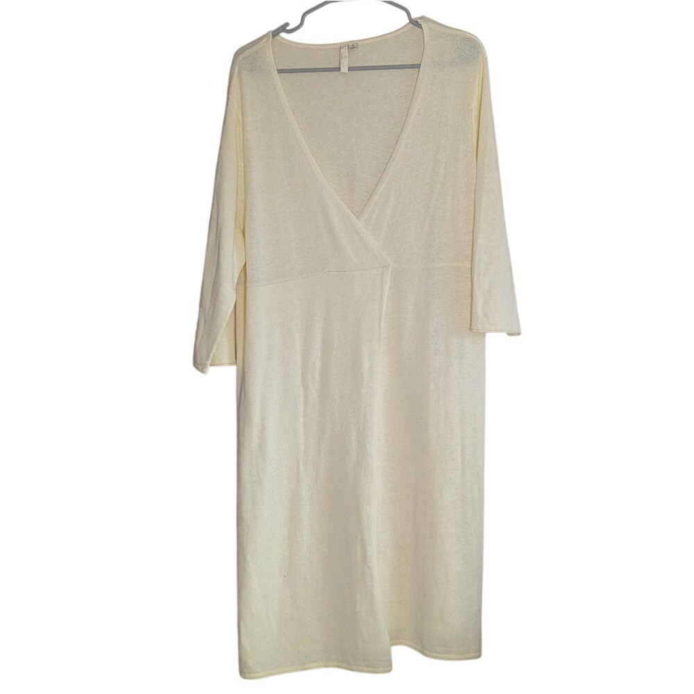Purejill Pastel Yellow Linen-Cotton Midi‎ Dress XL 3/4 Sleeve V Neck